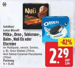 EDEKA Wucherpfennig Schöller/ Lotus Biscoff Milka-, Oreo-, Toblerone-, Daim-, Nuui Eis oder Eiscrème Angebot