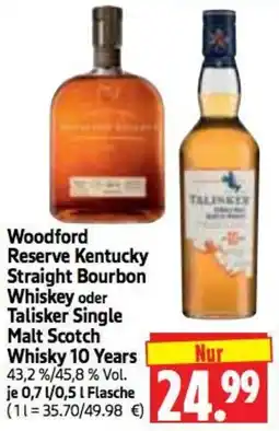 Edeka Herkules Woodford Reserve Kentucky Straight Bourbon Whiskey oder Talisker Single Malt Scotch Whisky 10 Years Angebot