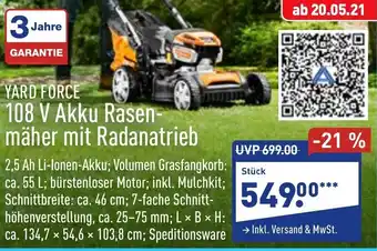 Aldi Nord Yard Force 108 V Akku Rasenmäher mit Radanatrieb Angebot