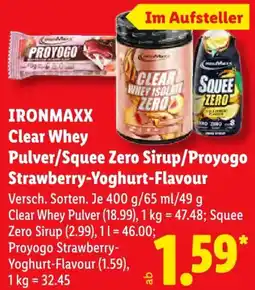 Lidl IRONMAXX Clear Whey Pulver/Squee Zero Sirup/Proyogo Strawberry-Yoghurt-Flavour Angebot