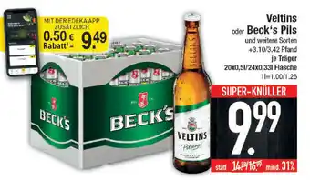 E-Center Veltins oder Beck's Pils 20x0,5/24x0,33L Flasche Angebot