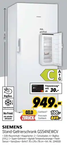 MEDIMAX SIEMENS Stand-Gefrierschrank GS54NEWCV Angebot