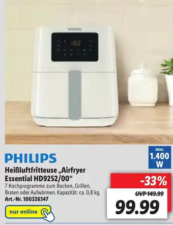 Lidl Philips Heißluftfritteuse Airfryer Essential HD9252/00" Angebot
