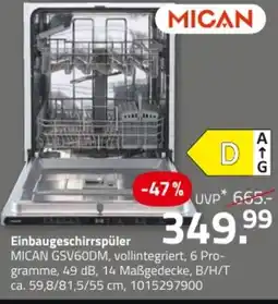 ROLLER Einbaugeschirrspüler MICAN GSV60DM Angebot