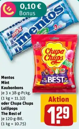 REWE Mentos Mint Kaubonbons oder Chupa Chups Lollipops The Best of Angebot