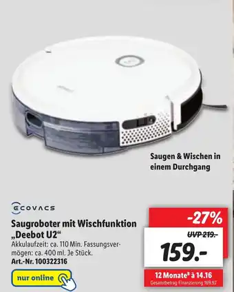 Lidl Ecovacs Saugroboter mit Wischfunktion ,,Deebot U2" Angebot