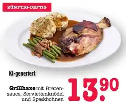 Scheck-in-Center Grillhaxe mit Braten-sauce, Serviettenknödel und Speckbohnen Angebot