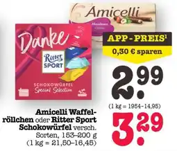 Scheck-in-Center Amicelli Waffel-röllchen oder Ritter Sport Schokowürfel Angebot