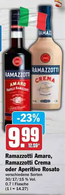 Hit Ramazzotti Amaro, Ramazzotti Crema oder Aperitivo Rosato 0,7L Flasche Angebot