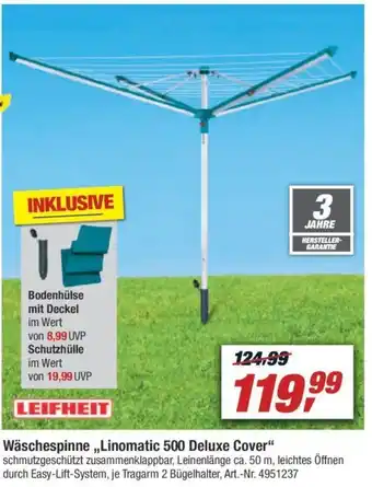 toom Baumarkt Leifheit Bodenhülse mit Deckel oder Wäschespinne ,,Linomatic 500 Deluxe Cover" Angebot