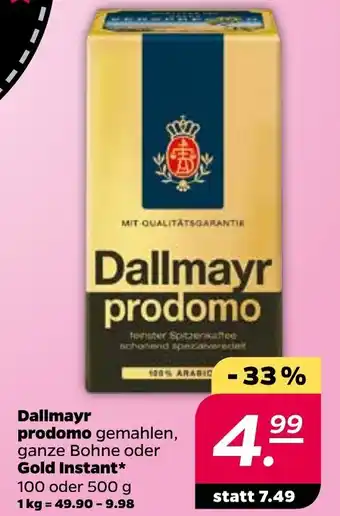 NETTO Dallmayr Prodomo gemahlen ganze Bohne oder Gold Instant 100 oder 500g Angebot