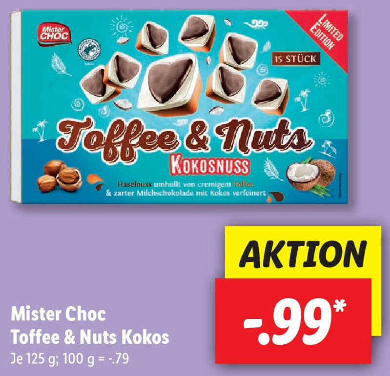 Mister Choc Toffee & Nuts Kokos 125g Angebot bei Lidl