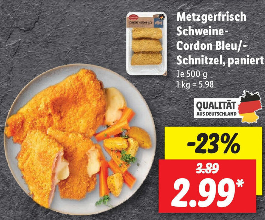 Metzgerfrisch Schweine Cordon Bleu/Schnitzel, paniert 500g Angebot bei Lidl Metzgerfrisch Schweine Cordon Bleu/Schnitzel, paniert 500g Angebot bei Lidl