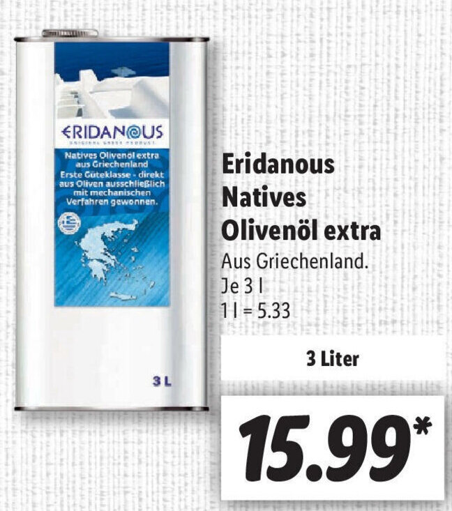 Eridanous Natives Olivenöl Extra 3L Angebot bei Lidl