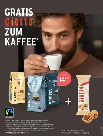 Tchibo Der Barista Espresso, Crema Blonde o. Caffe Crema + Gratis Giotto Angebot