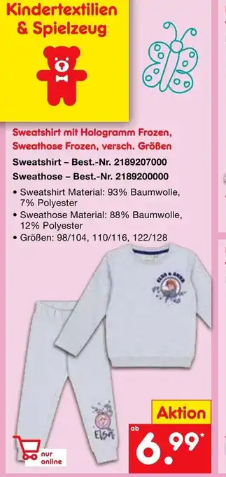 Netto Marken-Discount Sweatshirt mit Hologramm Frozen, Sweathose Frozen, versch. Größen Angebot