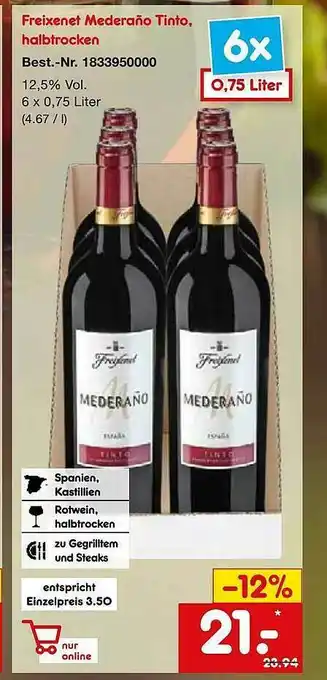 Netto Marken-Discount Freixenet Mederaño Tinto, Halbtrocken Angebot