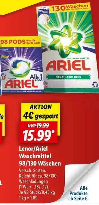 Lidl Lenor/ariel waschmittel 98/130 wäschen Angebot