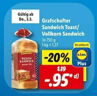 Lidl Grafschafter sandwich toast/vollkorn sandwich Angebot