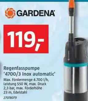 Bauhaus Gardena Regenfasspumpe '4700-3 Inox Automatic Angebot