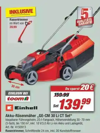 toom Baumarkt Einhell Akku Räsenmäher Ge-cm30li Ct Set Angebot