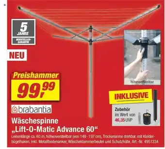 toom Baumarkt Brabantia Wäschespinne „Lift-o-matic Advance 60” Angebot