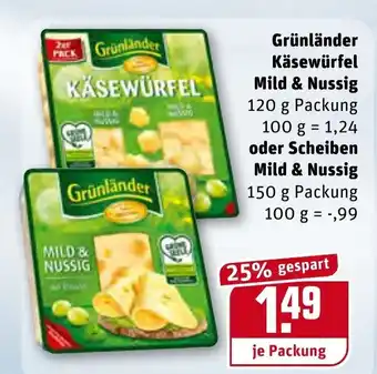 REWE Grünländer Käsewürfel Mild & Nussig oder Scheiben Mild & Nussig Angebot