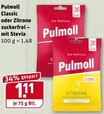 REWE Pulmoll Classic oder Zitrone zuckerfrei mit Stevia Angebot