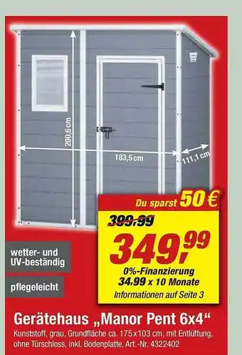 toom Baumarkt Gerätehaus „manor Pent 6x4” Angebot