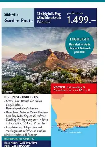 ALDI Nord Reisen Südafrika Garden Route Kapstadt Angebot