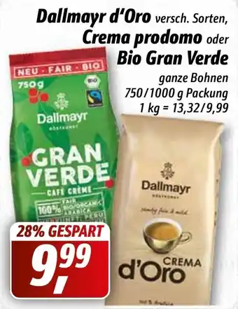 Simmel Dallmayr d'Oro, Creme Prodomo oder Bio Gran Verde 750/1000g Packung Angebot