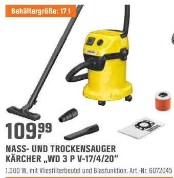 OBI Kärcher Nass und Trockensauger ,,WD 3 P V-17/4/20" Angebot