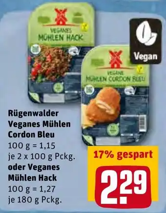 REWE Rügenwalder Veganes Mühlen Cordon Bleu 2x100g oder Veganes Mühlen Hack 180g Packung Angebot