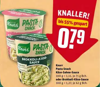 REWE Knorr Pasta Snack Käse Sahne Sauce 71g Becher oder Brokkoli Käse Sauce 62g Becher Angebot