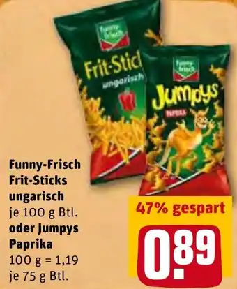 REWE Funny Frisch Frit Sticks ungarisch 100g oder Jumpys Paprika 75g Btl. Angebot