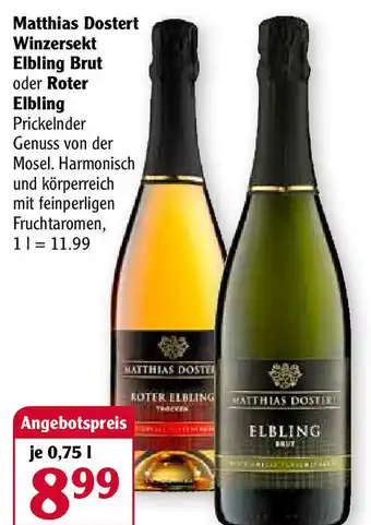 Globus Matthias Dostert Winzersekt Elbling Brut oder Roter Elbling 0,75L Angebot