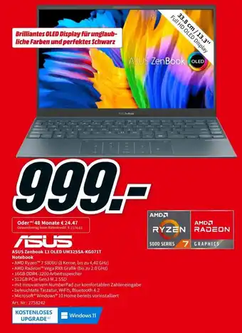 MediaMarkt Asus Zenbook 13 OLED UM325SA-KG071T Notebook Angebot