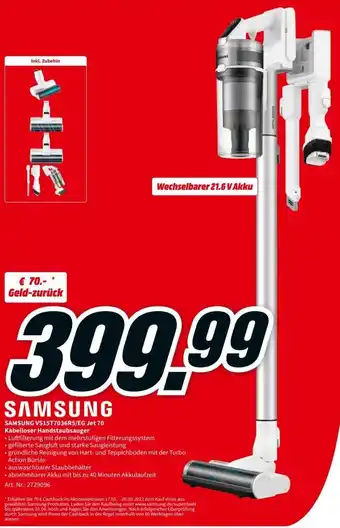 MediaMarkt Samsung VS15T7036R5/EG Jet 70 Kabelloser Handstaubsauger Angebot