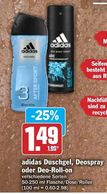 Hit adidas Duschgel, Deospray oder Deo-Roll-on 50-250ml Angebot