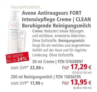 Apotal Avene Antirougeurs Fort Intensivpflege Creme | Clean Beruhigende Reinigungsmilch Angebot