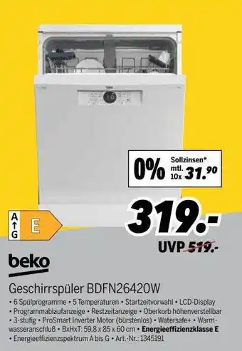 MEDIMAX Beko Geschirrspüler Bdfn26420w Angebot