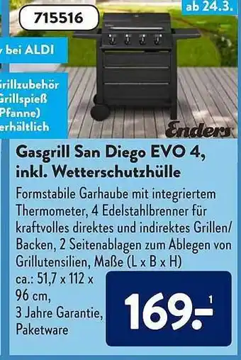 Aldi Süd Gasgrill San Diego Evo 4, Inkl. Wetterschutzhülle Enders Angebot