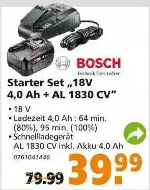 Globus Baumarkt Bosch Starter Set „18v 4.0 Ah + Al 1830cv“ Angebot