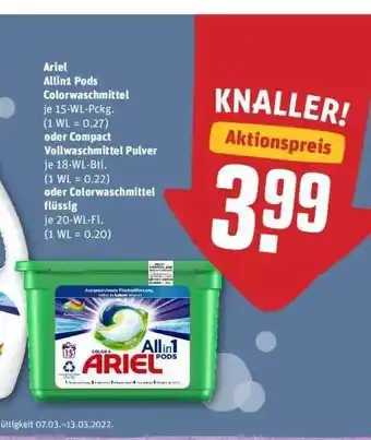 REWE Ariel Allin1 Pods Colorwaschmittel Oder Compact Vollwaschmittel Pulver Oder Flüssig Angebot