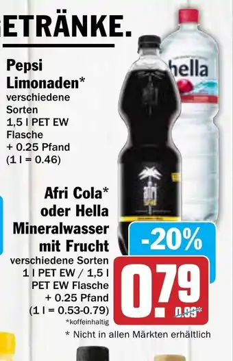 AEZ Afri Cola oder Hella Mineralwasser mit Frucht Angebot