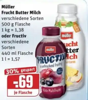 REWE Kaufpark Müller Frucht Butter Milch 500g oder Fructiv 440ml Angebot