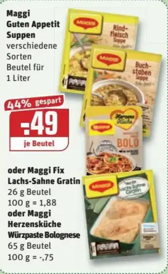 REWE Kaufpark Maggi Guten Appetit Suppen  oder Maggi Fix Lachs Sahne Gratin oder Maggi Herzensküche Würzpaste Bolognese Angebot