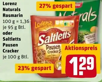 REWE Lorenz Naturals Rosmarin 95g Btl. oder Saltletts Pausen Cracker 100g Btl. Angebot