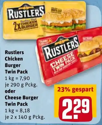 REWE Rustlers Chicken Burger Twin Pack 290g Pckg. oder Cheese Burger Twin Pack 2x140g Pckg. Angebot