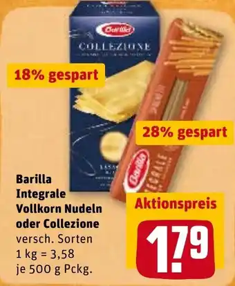 REWE Barilla Integrale Vollkorn Nudeln oder Collezione 500g Pckg. Angebot